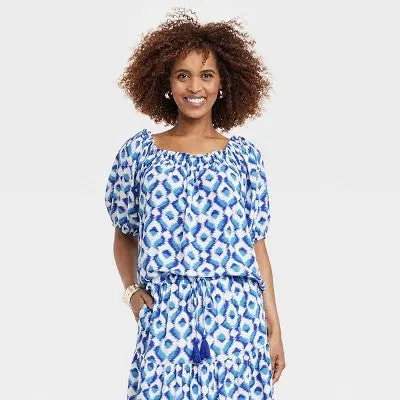 Knox Rose Women'S Plus-Size Scoop Neck Peasant Blouse With Puff Sleeves 1